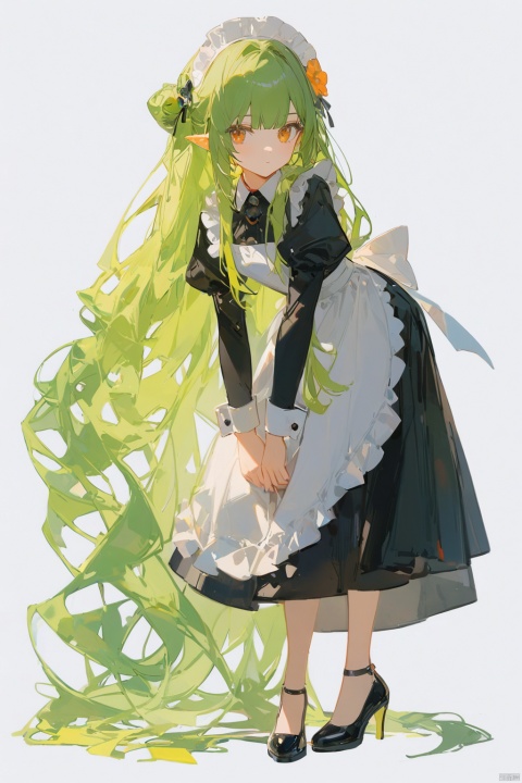  ciloranko, god light,Thick coating, 1girl, solo, long hair, looking at viewer, simple background,1girl, solo, long hair, bangs, simple background, hair ornament, long sleeves, white background, dress, very long hair, standing, full body, flower, green hair, shoes, alternate costume, pointy ears, puffy sleeves, hair flower, black footwear, apron, black dress, high heels, maid, maid headdress, leaning forward, juliet sleeves, white apron, maid apron, long dress, collared dress, sleeve cuffs,