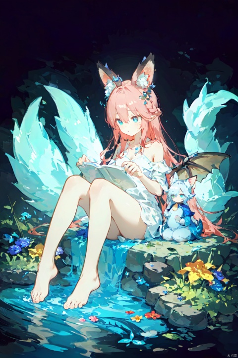  1girl, solo, dragon wings, dragon tail, tail, long hair, side up, one side up, black background, enchanted forest, nature, trees, dryad, fox ears, animal ear fluff, flowers, active pose, full body, flower hair, bright color hair, glowing hair, divine, goddess, barefoot, doll face, upturned eyes, long eyelashes, animals, birds, sitting, looking away, glowing water, middle of a lake, flower bed, wisps, night, petite, Thick coating, SHSJ, Light-electric style, ((poakl))