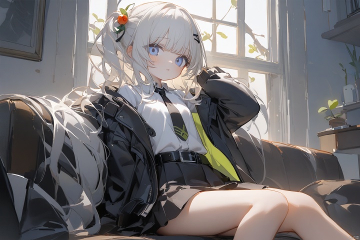  quality good, ningen mame, 1girl, [sho_(sho_lwlw)],(((tianliang_duohe_fangdongye))),1girl,ciloranko, god light,1girl, solo, long hair, looking at viewer, blush, bangs, blue eyes, skirt, shirt, hair ornament, long sleeves, hair between eyes, sitting, closed mouth, jacket, white shirt, white hair, sidelocks, parted lips, open clothes, necktie, collared shirt, belt, indoors, black skirt, side ponytail, open jacket, black jacket, window, feet out of frame, black necktie, backlighting, black belt,Adult women, female focus,