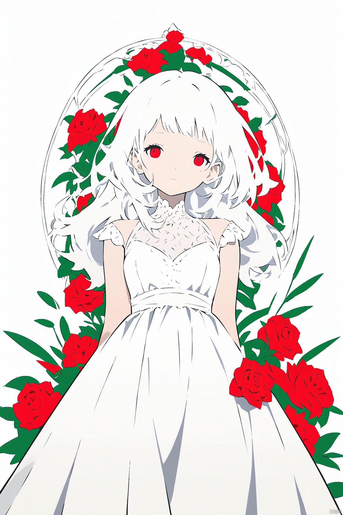 (Flat color: 1.2) Imitate Herm è s illustration style, with a white background, showcasing the fashion brand's style guidance. The exhibition showcases a fashionable girl's fantasy myth of spring; High definition, soft, and clear image quality; Clear and complete facial features, visually adding a white dress for girls and a red rose garden