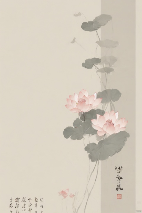 ((HRD, HUD, 8K)),((masterpiece, best quality)), highly detailed, soft light,
flower, no humans, lotus, bird, chinese text, simple background, grey background, pink flower,
, GuoYun, InkAndWash