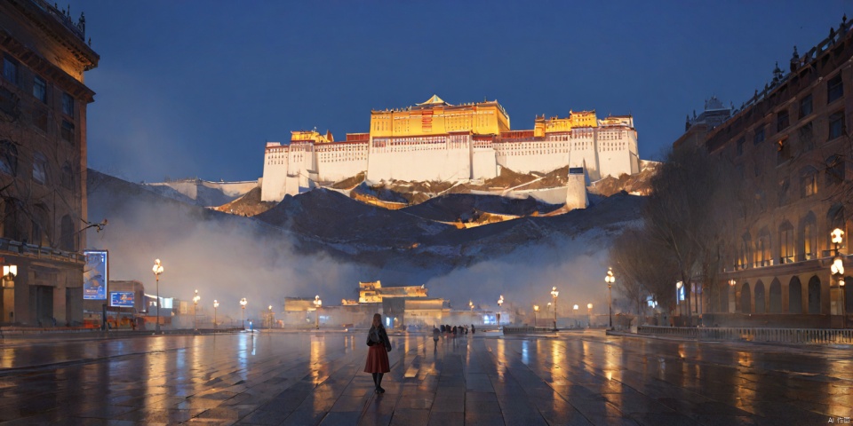  Potala palace,(((masterpiece, best quality))), ((good structure, Good composition, good atomy)), ((clear, original, beautiful)),Lhasa, Potala Palace,1girl,long hair,fantasy,A girl stood,rawphoto, dusk, foggy, magnificent buildings, city streets, potala palace