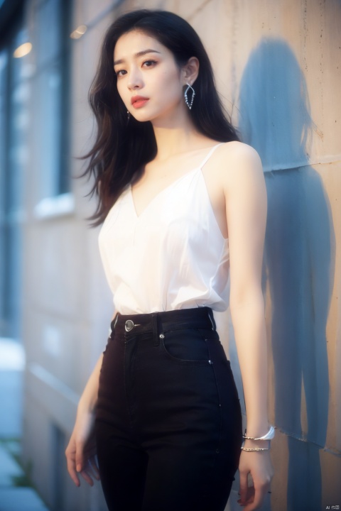  1girl, jewelry, earrings, solo, lipstick, black_hair, long_hair, makeup, red_lips，fancy brooch,pants, bracelet, black_pants, cowboy_shot, Realistic, masterpiece, highest quality, high resolution,dundar,moyou, dyzgqzm, qingsha,（rambrandt light：1.3）