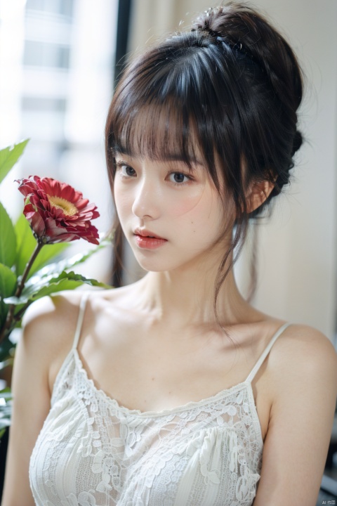  1girl, solo, girl， masterpiece,bare_shoulders,detailed eyes,flowers,Upper body((bphoenix)),bangs,color,moyou, xiqing,high ponytail，white camisole，high school student in the dom，