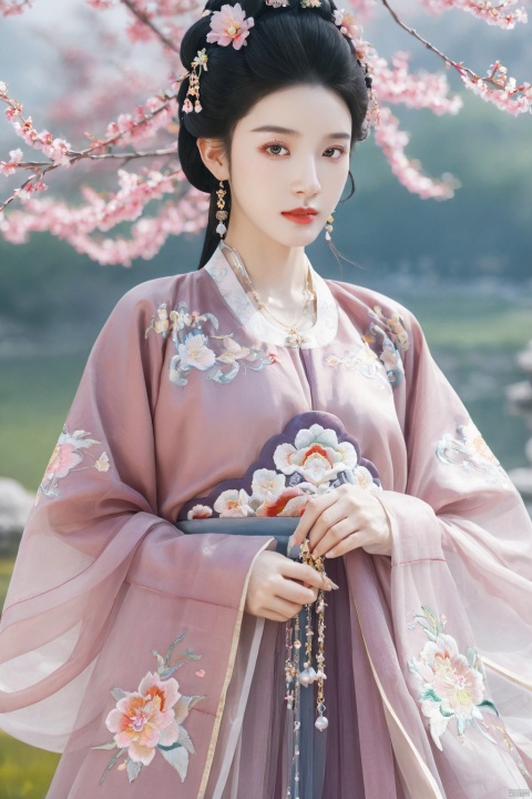 masterpiece,best quality,8K,official art,ultra high res,1girl,looking at viewer,chinese clothes,hanfu,jewelry,hair ornament,upper body,solo,earrings,hyper_galaxy,torii,flower,black hair,necklace,teeth,hair bun,dress,parted lips,hair flower,((full body)),dress,hanfu,embroidery,exquisite,meticulous,(tulle:1.4),
