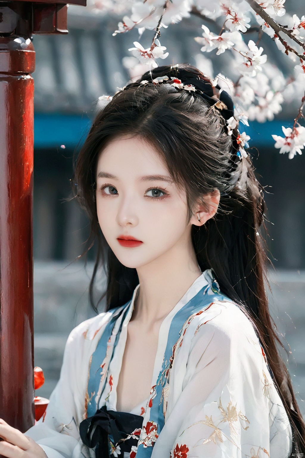 hanfu,red,red lipstick,simple_black_background, black and gloden theme, Sense of coordination, sense of order, mathematics beauty, girl, solo, chess_girl, perfect_detail_girl, pretty, white hair, long hair, head flower,(delicate and beautiful eyes), looking at viewer, cute face, pretty face, blue_eyes, white skin, white body, navel, perfect body, body art, standing on, beautiful pose, crystal_art, huge_black_crystal, blooming_effect, whit_magic_circle_behind_girl, White petal, perfecteyes，