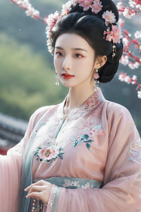 masterpiece,best quality,8K,official art,ultra high res,1girl,looking at viewer,chinese clothes,hanfu,jewelry,hair ornament,upper body,solo,earrings,hyper_galaxy,torii,flower,black hair,necklace,teeth,hair bun,dress,parted lips,hair flower,((full body)),dress,hanfu,embroidery,exquisite,meticulous,(tulle:1.4),middle breast，
