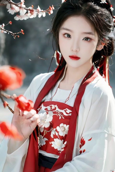 hanfu,red,red lipstick,simple_black_background, black and gloden theme, Sense of coordination, sense of order, mathematics beauty, girl, solo, head flower,(delicate and beautiful eyes), looking at viewer, cute face, white skin, white body, navel, perfect body,standing on, beautiful pose, blooming_effect, whit_magic_circle_behind_girl, White petal, 