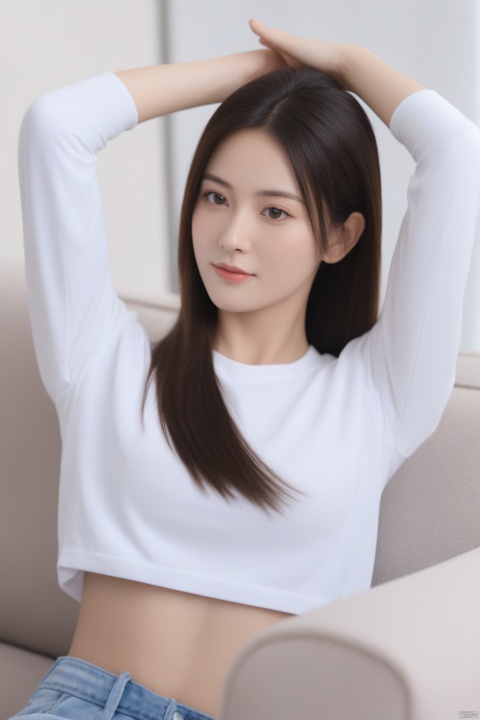 best quality, masterpiece, ultra high res,1girl,looking at viewer，official art,unity 8k wallpaper，sitting on sofa，looking atviewer，long black hair，horsetail，white t-shirt，big breast，brown sleeve，white yoga pants，black socks，hands up，hands is fixxing hair，legs cross，