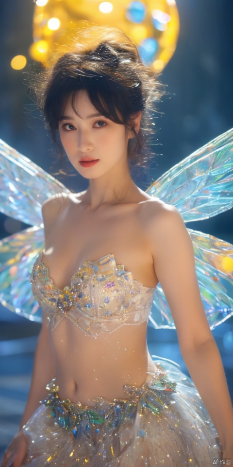  1girl, dance, Fairy, crystal, jewels,yellow, wings,moyou,All the Colours of the Rainbow,