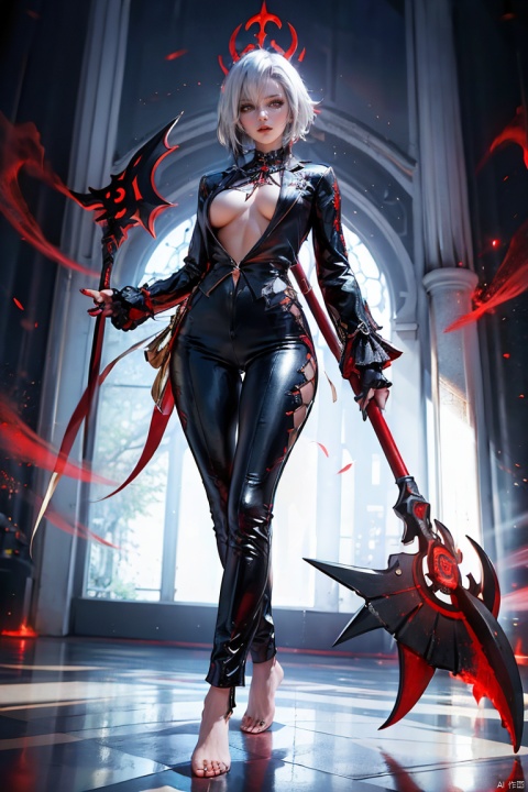 High Definition, Color Marks, (High Quality, High Resolution, High Quality, Fine Detail), Realistic, 1 Girl, Standing, Full Body, Curvy Woman, Solo Focus, Short White Hair, (Detailed Eyes: 1.2), Long Legs, Barefoot, Battle Stance, Dark Background, Dramatic Shadows, Arlecchino, def Clothes, 1 Girl, X-Shaped Pupils, Red Pupils, Black Gloves, Pants, Symbolic Pupils, Colorful Hair, Black Hair, White Hair, Beautiful Face, ((holding a long red scythe)),