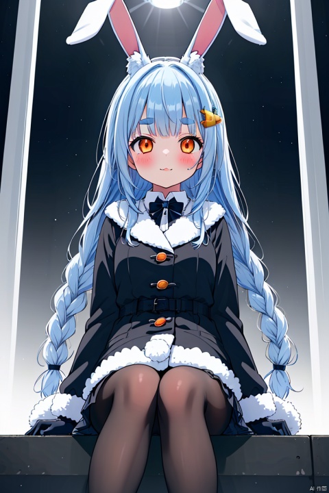 1 Girl, Solo, Long Hair, Breasts, Looking at the Audience, Blush, Bangs, Hair Accessories, Gloves, Hold, Animal Ears, Double Tails, Sitting, Standing, Blue Hair, Braids, White Hair, Pantyhose, Colorful Hair, Black Gloves, Virtual Youtuber, Bunny Ears, Double Braids, Bicolor Hair, Coat, Orange Eyes, Animal Ear Fluff, Black Pantyhose, Fur Decoration, Mobile Phone, Thick Eyebrows, Cross Legs, Crystal, Bunny Girl, Food-Themed Hair Ornament, Carrot, Carrot, Usada Pekora, Don-chan (Usada Pekora) ...