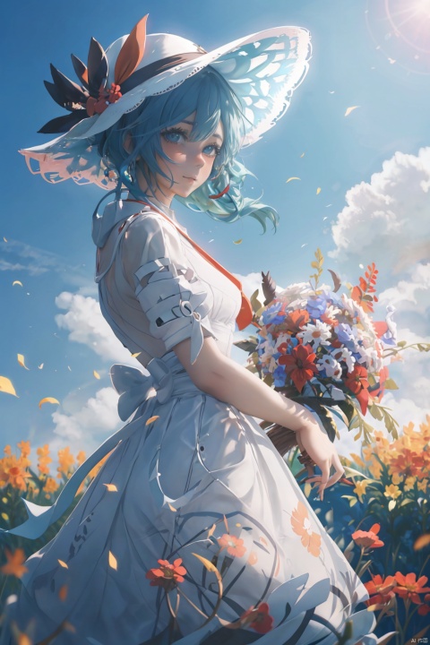 A girl with bright red hair, wearing a sundress, a straw hat, and a bouquet of wildflowers in her hand, stands on a tall grassy field, with a breeze blowing, up close. The BREAK scene should capture Sakimichan's whimsical and carefree style, with a sense of peace and tranquility in the air, CGArt illustrator, CJ Drawing, TT, Spirited Away Style, fox shadow puppet