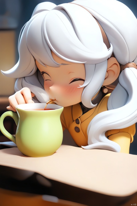  White haired girl with double ponytails drinking tea, best quality,solo