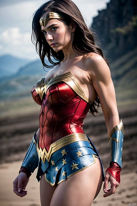 (Super Best Quality, 8K, Masterpiece, Exquisite Illustration), Perfect Body, Torn Clothes, ((Medium Breasts: 1.2)), Delicate Muscle Lines, Solo, (Wonder Woman), Dynamic Pose, Straight Boobs, Lots of Hair, Beautiful Face, Sexy Body, Red Lips, (Big Blue Eyes), Soft Smile, better_ hands,, ((war background)), magical light, side view, FilmGirl, Wonder Woman-xl, onoff, perfectbreasts, xxmixgirl, photo realistic, 1girl, koh_yunjung, girl, girl, 1 girl, Wonder Woman