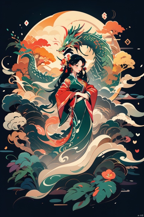 A Chinese girl wearing a cheongsam with dragon horns, black fluorescent green, Keith Haring's style, vector illustration style, flat illustration, big breasts, (Chinese traditional fire dragon flying between mountains and rivers in China), a Chinese landscape painting with a pavilion, blue and green, sharp illustration, MBE illustration, bold lines, in the style of garbage beauty, crane, mixed pattern, text and emoji installation, WMCHAHUA