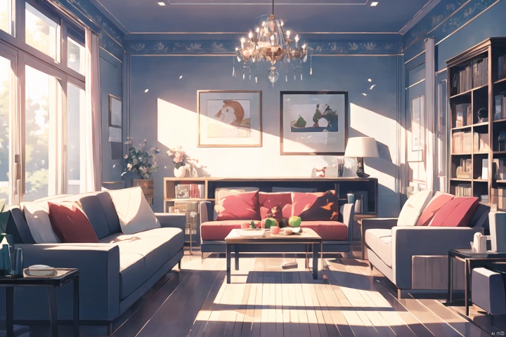 Masterpiece panorama A girl with a solo focus on long hair and off-the-shoulder dresses casual wear sitting on a sofa Exquisite living room with deep view with picture frame on the wall and velvet curtains on the sofa in modern minimalist style Plush toys (carpet) on the floor with beautiful flowers surrounding her in summer watermelon violin 30710 Cozy animation scene Cozy anime with a small goldfish bowl on the table.