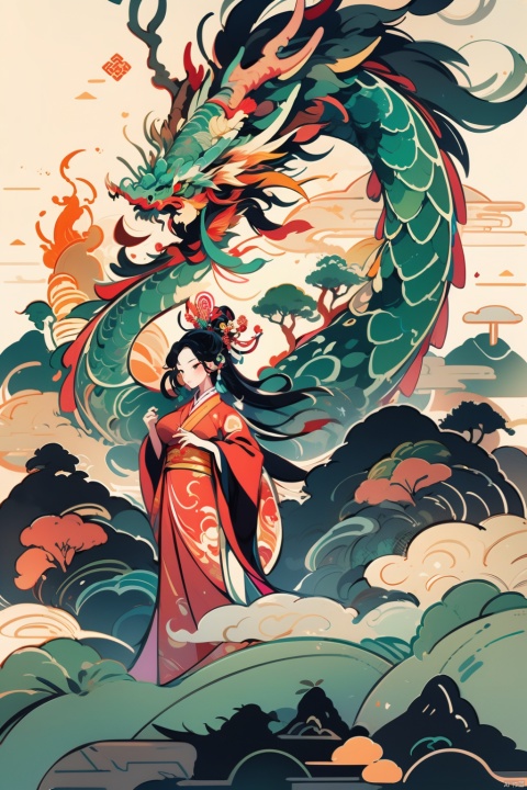 A Chinese girl wearing a cheongsam with dragon horns, black fluorescent green, Keith Haring's style, vector illustration style, flat illustration, big breasts, (Chinese traditional fire dragon flying between mountains and rivers in China), a Chinese landscape painting with a pavilion, blue and green, sharp illustration, MBE illustration, bold lines, in the style of garbage beauty, crane, mixed pattern, text and emoji installation, WMCHAHUA