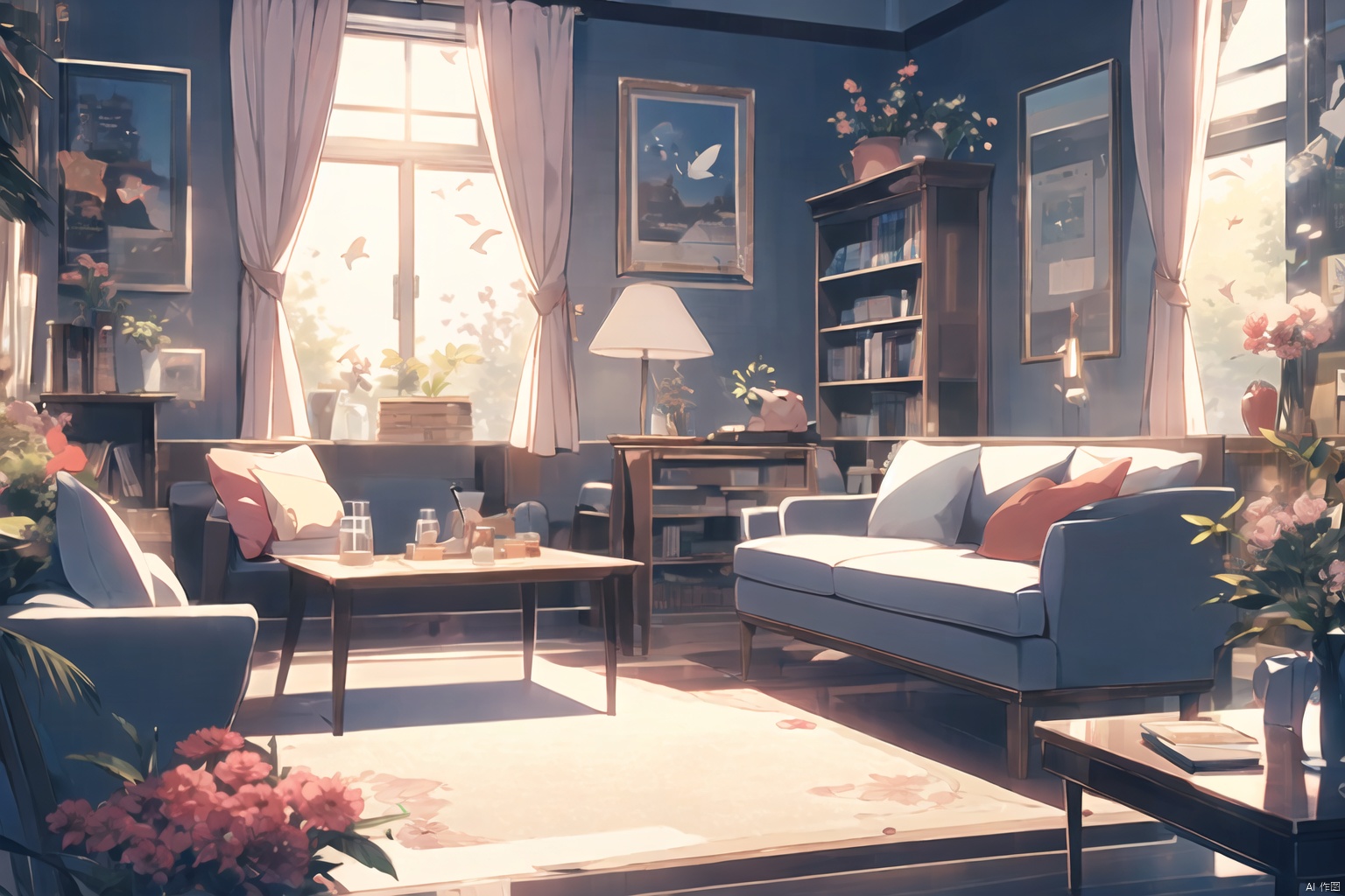 Masterpiece, Panorama, A Girl, Solo Focus, Long Hair, Off-the-Shoulder Dress, Casual Wear, Sitting on the Sofa, Exquisite Living Room, Deep Scene, Picture Frame on the Wall, Curtains, Modern Minimalist Style Sofa, Plush Toys, (Carpet)) On the Floor, Beautiful Flowers Around Her, Summer, Violin, 30710, Cozy Animation Scene, Cozy Anime, Fish **** in the Middle of the Table, Books Placed Randomly