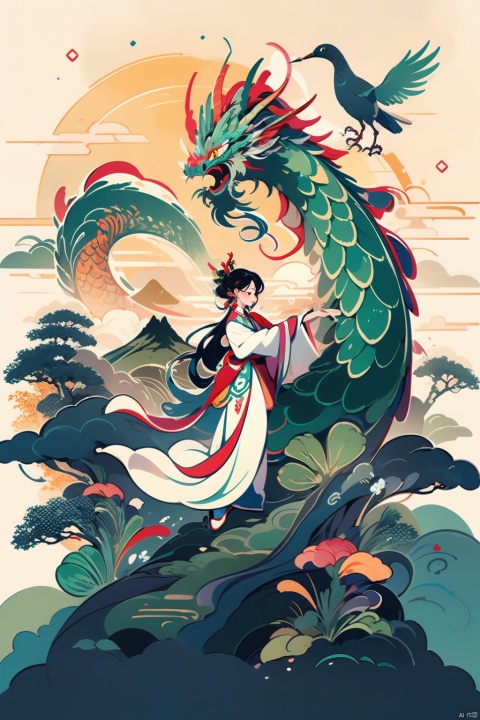 A Chinese girl wearing a cheongsam with dragon horns, black fluorescent green, Keith Haring's style, vector illustration style, flat illustration, big breasts, (Chinese traditional fire dragon flying between mountains and rivers in China), a Chinese landscape painting with a pavilion, blue and green, sharp illustration, MBE illustration, bold lines, in the style of garbage beauty, crane, mixed pattern, text and emoji installation, WMCHAHUA