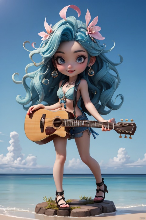 Masterpiece, highest quality, realistic, with extremely fine details and high resolution, 8K,
Hubg Haixiaoqiong, a girl with a smile, blue hair, hair accessories, rock music, guitar,