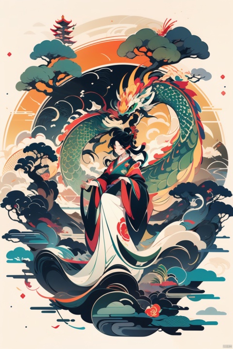 A Chinese girl wearing a cheongsam with dragon horns, black fluorescent green, Keith Haring's style, vector illustration style, flat illustration, big breasts, (Chinese traditional fire dragon flying between mountains and rivers in China), a Chinese landscape painting with a pavilion, blue and green, sharp illustration, MBE illustration, bold lines, in the style of garbage beauty, crane, mixed pattern, text and emoji installation, WMCHAHUA