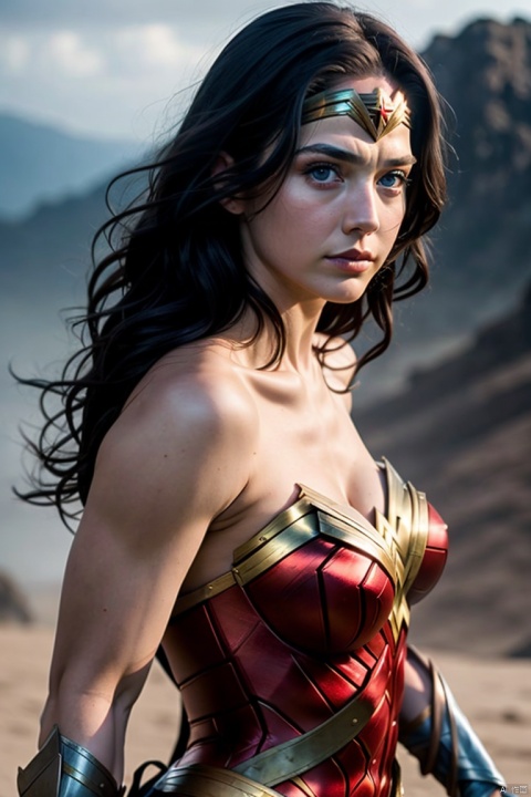 (Super Best Quality, 8K, Masterpiece, Exquisite Illustration), Perfect Body, Torn Clothes, ((Small Breasts: 1.2)), Delicate Muscle Lines, Solo, (Wonder Woman), Dynamic Pose, Straight Boobs, Many Hair, Beautiful Face, Sexy Body, Red Lips, (Big Blue Eyes), Soft Smile, better_ hands,, ((war background)), magical light, side view, FilmGirl, Wonder Woman-xl, onoff, perfectbreasts, xxmixgirl, photo realistic, 1girl, koh_yunjung, girl, girl, 1 girl, Wonder Woman