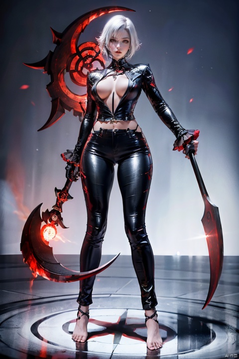 High Definition, Color Marks, (High Quality, High Resolution, High Quality, Fine Detail), Realistic, 1 Girl, Standing, Full Body, Curvy Woman, Solo Focus, Short White Hair, (Detailed Eyes: 1.2), Long Legs, Barefoot, Battle Stance, Dark Background, Dramatic Shadows, Arlecchino, def Clothes, 1 Girl, X-Shaped Pupils, Red Pupils, Black Gloves, Pants, Symbolic Pupils, Colorful Hair, Black Hair, White Hair, Beautiful Face, ((holding a long red scythe)),