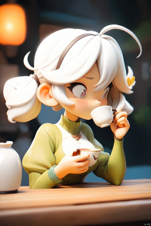  White haired girl with double ponytails drinking tea, best quality,solo