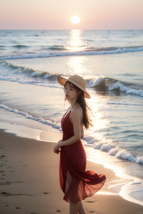 A girl solo ee-through costume red dress straw hat at the end of the beach by the sea sun at dusk waves rocks seagulls flying in the air sand hd ultra hd 8K cinematic lights real wallpaper