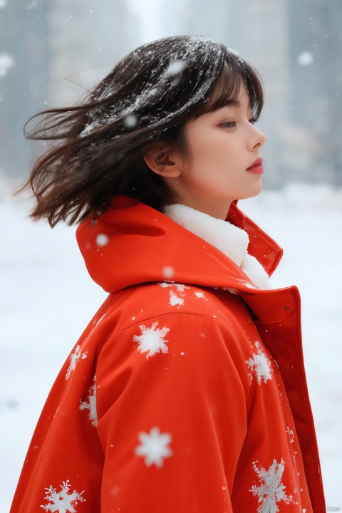  A short-haired girl standing in the snow, Red Coat, head up, breeze blowing hair, snow, snowflakes, depth of field, telephoto lens, messy hair, (close-up) , (sad) , sad and melancholy atmosphere, reference movie love letter, profile, head up, ((floating)) bangs or fringes of hair, eyes focused, half-closed, center frame, bottom to top,