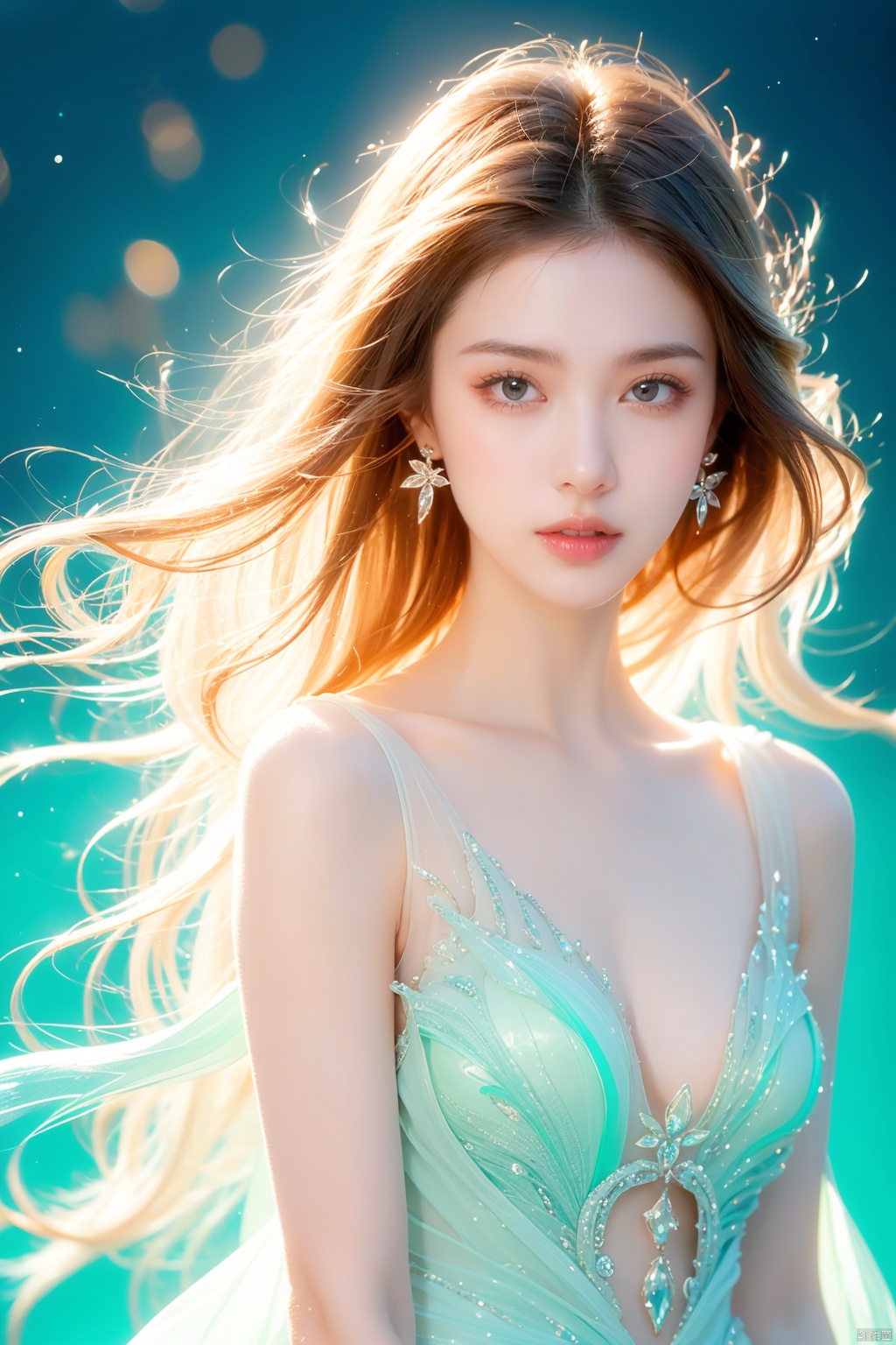 1girl,the facial details are perfect,and the character details are exquisite,long hair,(floating hair),looking at viewer,haute couture,Fashionable transparent fluid,glass dress,trendy portraits,bright colors,blue clean background,(Panoramic view:0.8),large aperture,(delicate gloss),((8K gradient translucent glass melt)),gradient,,