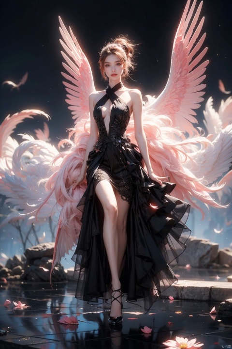 1girl, black dress, black style, wings, white feather wings, full body, realism, realism, photography, masterpiece, best quality, super detailed, water, flower, smoke, mountain top, for example, fog, moon, water, wings, reality, photography, masterpiece, best quality, super detailed, best quality, black detailed, translucent skirt, black style, clear focus, studio photo, complex details, highly detailed, super realistic, HD, professional photography, Nikon camera, high quality, sharpening, movie, 16K, ultra high resolution, fire element, super detail, full body, wings, flower, sky, explosion, black style, colorful, pink, composed of fire element