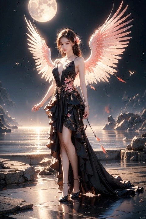1girl, black dress, black style, wings, white feather wings, full body, realism, realism, photography, masterpiece, best quality, super detailed, water, flower, smoke, mountain top, for example, fog, moon, water, wings, reality, photography, masterpiece, best quality, super detailed, best quality, black detailed, translucent skirt, black style, clear focus, studio photo, complex details, highly detailed, super realistic, HD, professional photography, Nikon camera, high quality, sharpening, movie, 16K, ultra high resolution, fire element, super detail, full body, wings, flower, sky, explosion, black style, colorful, pink, composed of fire element