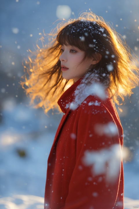  A short-haired girl standing in the snow, Red Coat, head up, breeze blowing hair, snow, snowflakes, depth of field, telephoto lens, messy hair, (close-up) , (sad) , sad and melancholy atmosphere, reference movie love letter, profile, head up, ((floating)) bangs or fringes of hair, eyes focused, half-closed, center frame, bottom to top, orgdress