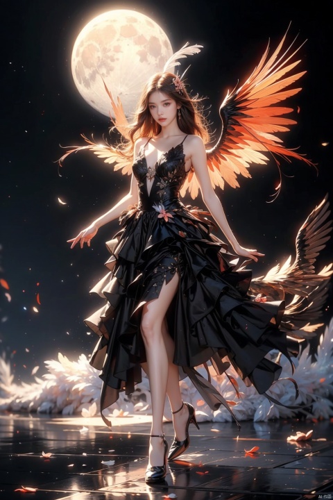 1girl, black dress, black style, wings, white feather wings, full body, realism, realism, photography, masterpiece, best quality, super detailed, water, flower, smoke, mountain top, for example, fog, moon, water, wings, reality, photography, masterpiece, best quality, super detailed, best quality, black detailed, translucent skirt, black style, clear focus, studio photo, complex details, highly detailed, super realistic, HD, professional photography, Nikon camera, high quality, sharpening, movie, 16K, ultra high resolution, fire element, super detail, full body, wings, flower, sky, explosion, black style, colorful, pink, composed of fire element