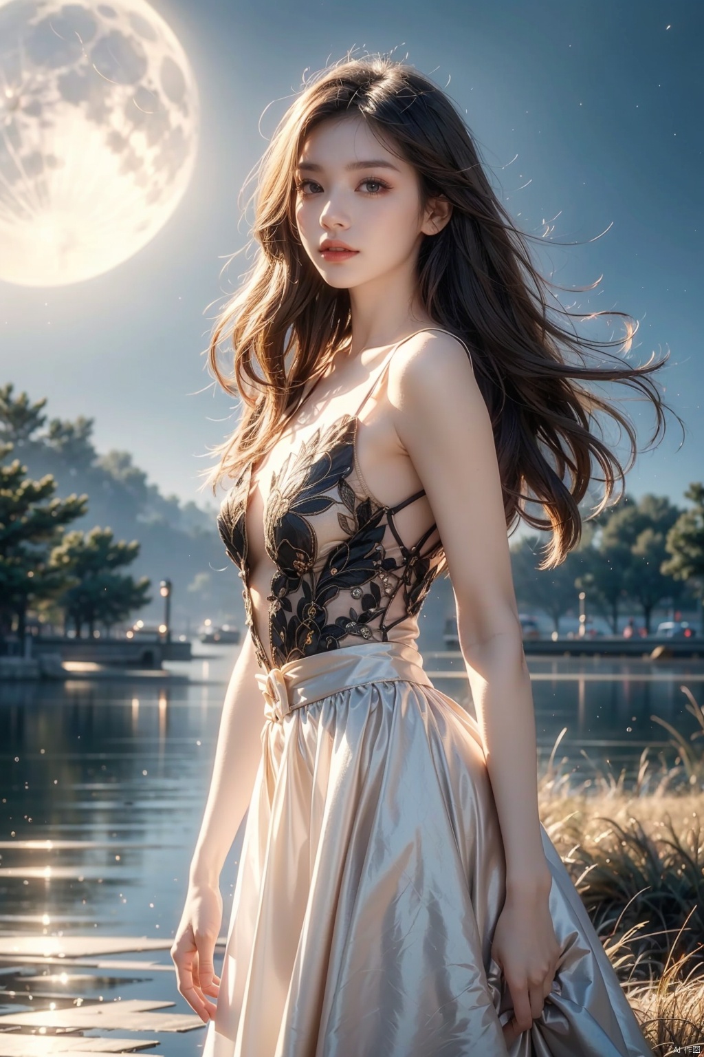 TQing,1girl\(solo,Eyes\(Deep amber,crystal clear,long and delicate eyelashes\),Nose\(Elevated,a slightly upturned nose tip\),Lips\(Rosy color,defined lip line\),Hairstyle\(Black hair,smooth and shiny,slightly wavy at the ends\),Skin\(Fair,blemish-free,as delicate as porcelain\),Clothing\((peacock feather,green long_skirt\),(rim light,facula,standing,look at viewer,floating hair,outdoor,cowboy_shot, Background\((full moon,lake,grassland):, masterpiece,best quality,unreal engine 5 rendering,movie light,movie lens,movie special effects,detailed details,HDR,UHD,8K,CG wallpaper,