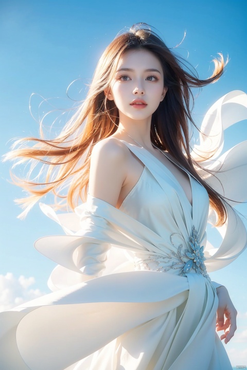  Masterpiece, (ultra wide angle lens: 1.2), Unity8k wallpaper, best quality, (detail shadow: 1.1), a beautiful girl, on a sea of light blue silk, translucent silk, floating light blue silk, surrealist style, minimalism, highly detailed texture, light blue, white clean background, CG rendering, light passing through clouds, 8k resolution, (motion photo: 1.2), (Fidelity: 1.4), original photos, movie lighting, 1girl