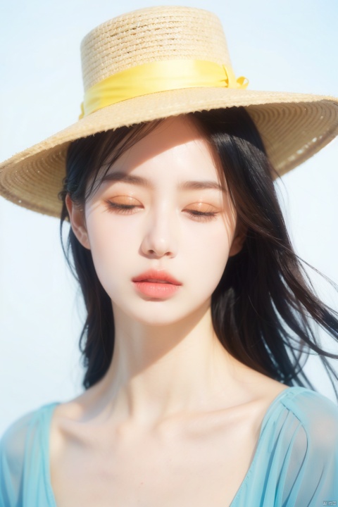 Beautiful Korean idol style girl,(Close one eye, Close your left eye:1.2),Blue hair,hyperrealism,Wearing a big hat, With yellow flowers on it, Shot in Nikon style, Light blue background, Surreal fashion photography style, Stereo lighting, Big close-up, High resolution, Solid background, hyperrealism,