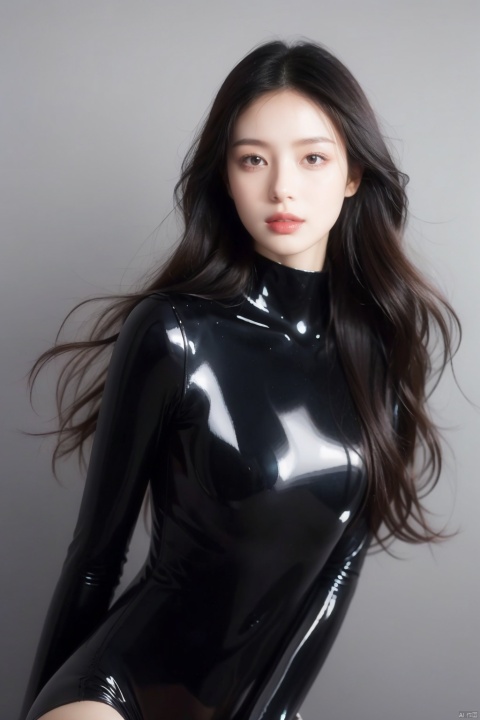 masterpiece,best quality,lineart,1girl,realistic,moyou,((white skin:0.7)),shiny skin,((beauty face:0.8)),UHD,HDR,8K,standing,black bodysuit,outdoors,long hair,black hair,(grey background:1.2),