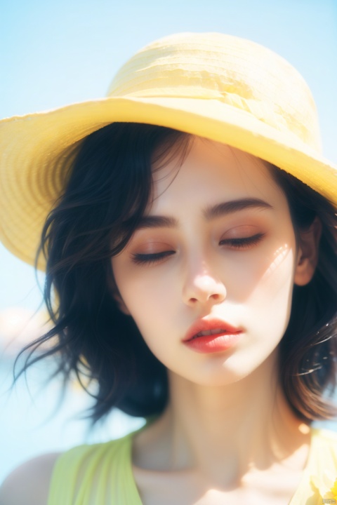 Beautiful Korean idol style girl,(Close one eye, Close your left eye:1.2),Blue hair,hyperrealism,Wearing a big hat, With yellow flowers on it, Shot in Nikon style, Light blue background, Surreal fashion photography style, Stereo lighting, Big close-up, High resolution, Solid background, hyperrealism, dyzgqzm