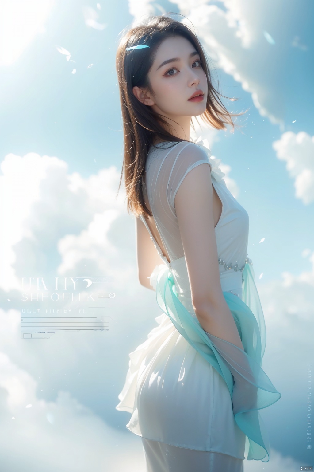  Masterpiece, (ultra wide angle lens: 1.2), Unity8k wallpaper, best quality, (detail shadow: 1.1), a beautiful girl, on a sea of light blue silk, translucent silk, floating light blue silk, surrealist style, minimalism, highly detailed texture, light blue, white clean background, CG rendering, light passing through clouds, 8k resolution, (motion photo: 1.2), (Fidelity: 1.4), original photos, movie lighting, 1girl