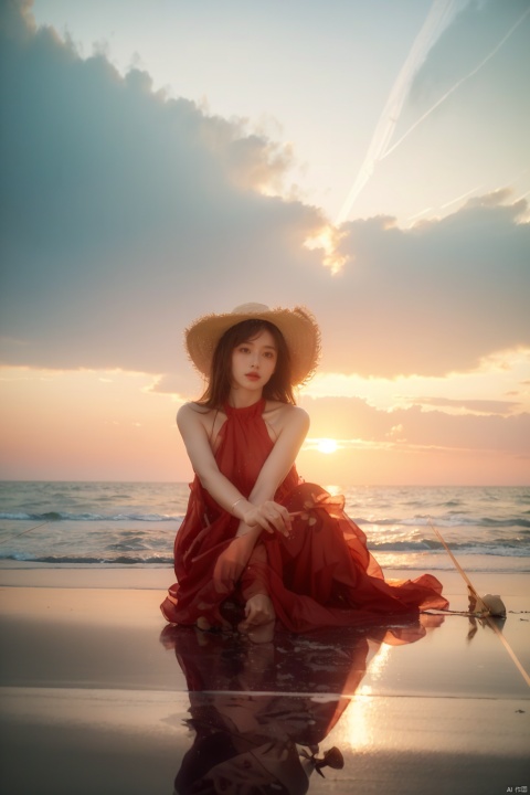 A girl solo ee-through costume red dress straw hat at the end of the beach by the sea sun at dusk waves rocks seagulls flying in the air sand hd ultra hd 8K cinematic lights real wallpaper