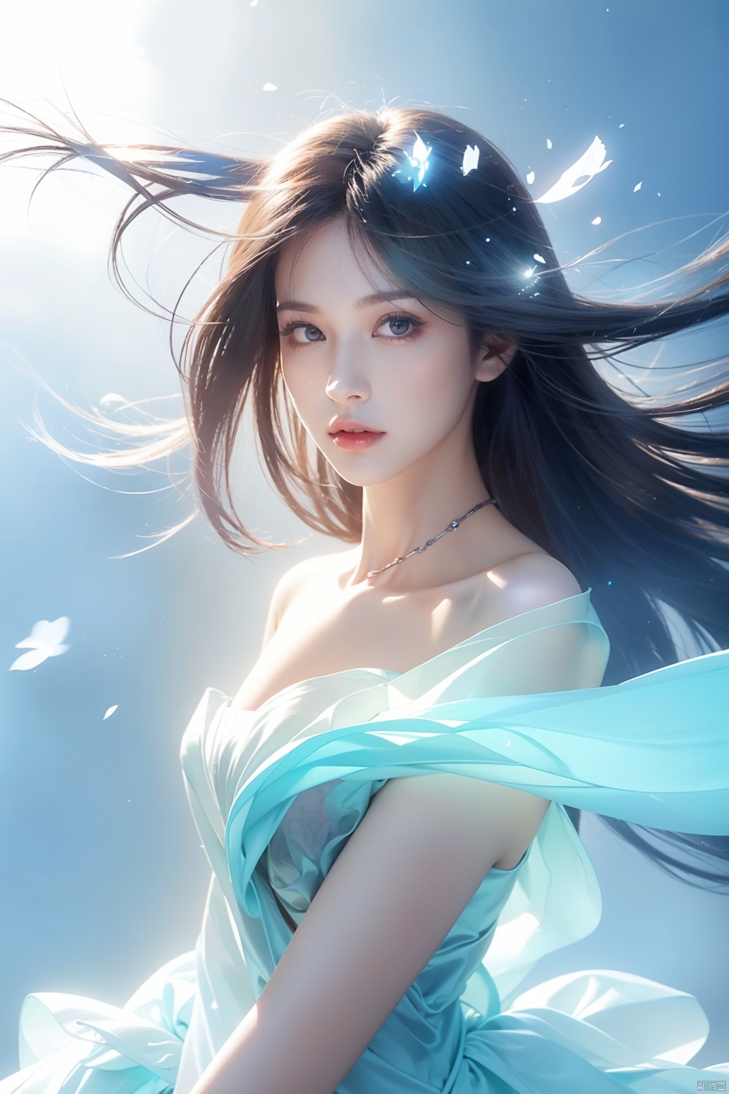  Masterpiece, (ultra wide angle lens: 1.2), Unity8k wallpaper, best quality, (detail shadow: 1.1), a beautiful girl, on a sea of light blue silk, translucent silk, floating light blue silk, surrealist style, minimalism, highly detailed texture, light blue, white clean background, CG rendering, light passing through clouds, 8k resolution, (motion photo: 1.2), (Fidelity: 1.4), original photos, movie lighting, 1girl