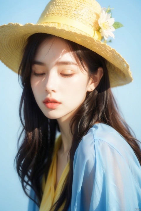 Beautiful Korean idol style girl,(Close one eye, Close your left eye:1.2),Blue hair,hyperrealism,Wearing a big hat, With yellow flowers on it, Shot in Nikon style, Light blue background, Surreal fashion photography style, Stereo lighting, Big close-up, High resolution, Solid background, hyperrealism,