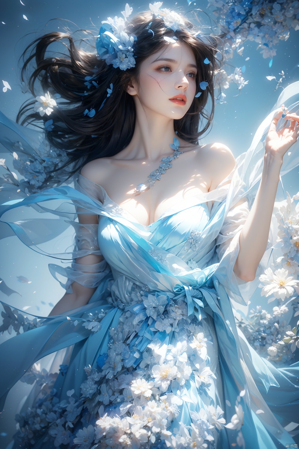 Masterpiece, (ultra wide angle lens: 1.2), Unity8k wallpaper, best quality, (detail shadow: 1.1), a beautiful girl, on a sea of light blue silk, translucent silk, floating light blue silk, surrealist style, minimalism, highly detailed texture, light blue, white clean background, CG rendering, light passing through clouds, 8k resolution, (motion photo: 1.2), (Fidelity: 1.4), original photos, movie lighting, 1girl