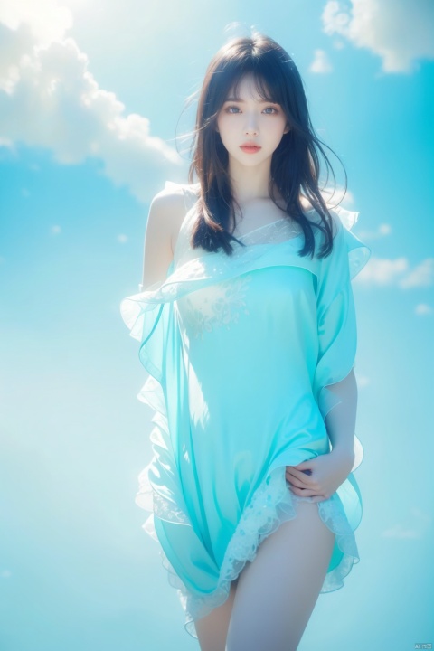  Masterpiece, (ultra wide angle lens: 1.2), Unity8k wallpaper, best quality, (detail shadow: 1.1), a beautiful girl, on a sea of light blue silk, translucent silk, floating light blue silk, surrealist style, minimalism, highly detailed texture, light blue, white clean background, CG rendering, light passing through clouds, 8k resolution, (motion photo: 1.2), (Fidelity: 1.4), original photos, movie lighting, 1girl