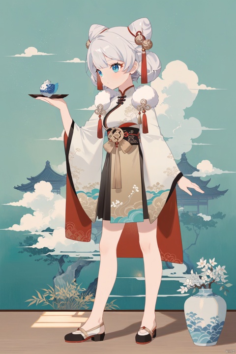  line art,line style,as style,best quality,masterpiece,
 The image features a Q version of cute cartoon girl wearing ancient costume, simple pattern, full body portrait, standing pose, legs straight, hands on both sides, minimalist painter style, ancient Chinese style, vector illustration, clean background
kiana kaslana, xuetu, 10th clothes, 1girl, blue eyes,white hair, bangs, long hair,double bun,
