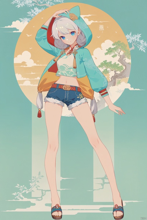  line art,line style,as style,best quality,masterpiece,
 The image features a Q version of cute cartoon girl wearing ancient costume, simple pattern, full body portrait, standing pose, legs straight, hands on both sides, minimalist painter style, ancient Chinese style, vector illustration, clean background
kiana kaslana, qingning, 2nd clothes, 1girl, shorts, blue eyes, jacket, hood, belt, bangs, denim shorts,