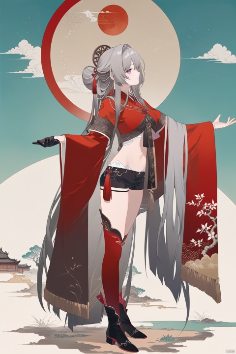  line art,line style,as style,best quality,masterpiece,
 The image features a Q version of cute cartoon girl wearing ancient costume, simple pattern, full body portrait, standing pose, legs straight, hands on both sides, minimalist painter style, ancient Chinese style, vector illustration, clean background
Thelema, 1girl, black gloves, very long hair, purple eyes, navel, single thighhigh, black short shorts, grey hair, hair ornament,boots